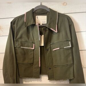 Anthropologie Pilcro NWT Embroidered Olive Green Cropped Jacket w/ Pink Accents